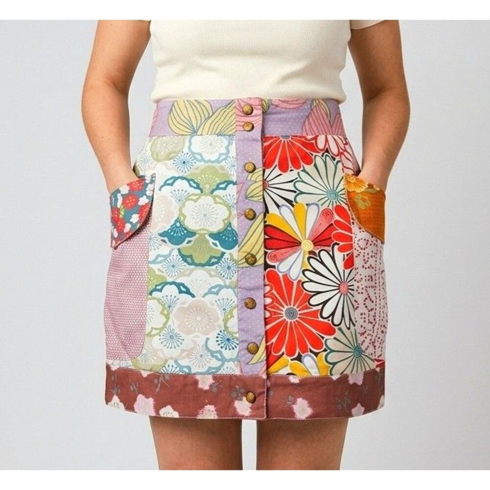Desigual Patchwork Floral Mini Skirt Size 42 US Large Cotton Button Front Boho